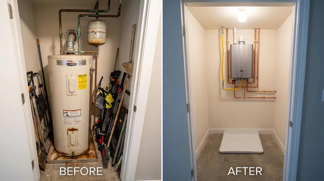 Tank water heater versus wall-mounted tankless unit comparison for Emporia, KS homeowners