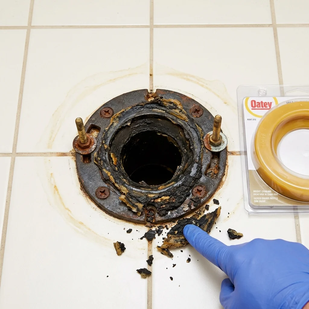 Failed wax ring showing water seepage at the base of a toilet in a Emporia, KS home