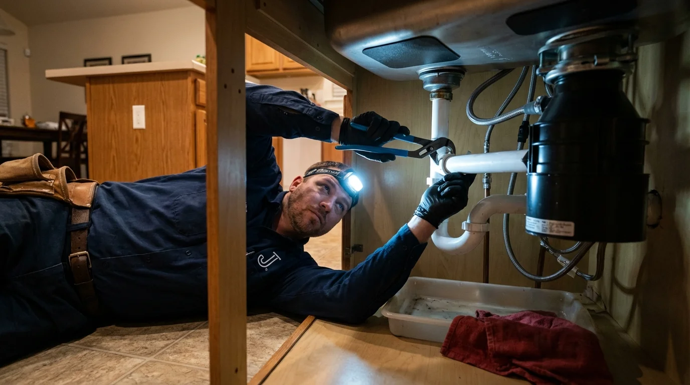 P-trap and supply line connections under a kitchen sink showing a common leak point in Emporia, KS